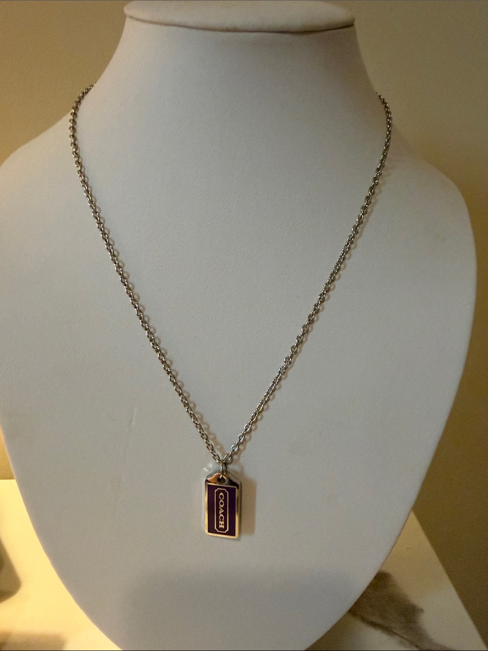 Coach Silver Chain Necklace with Purple Enamel Tag Pendant